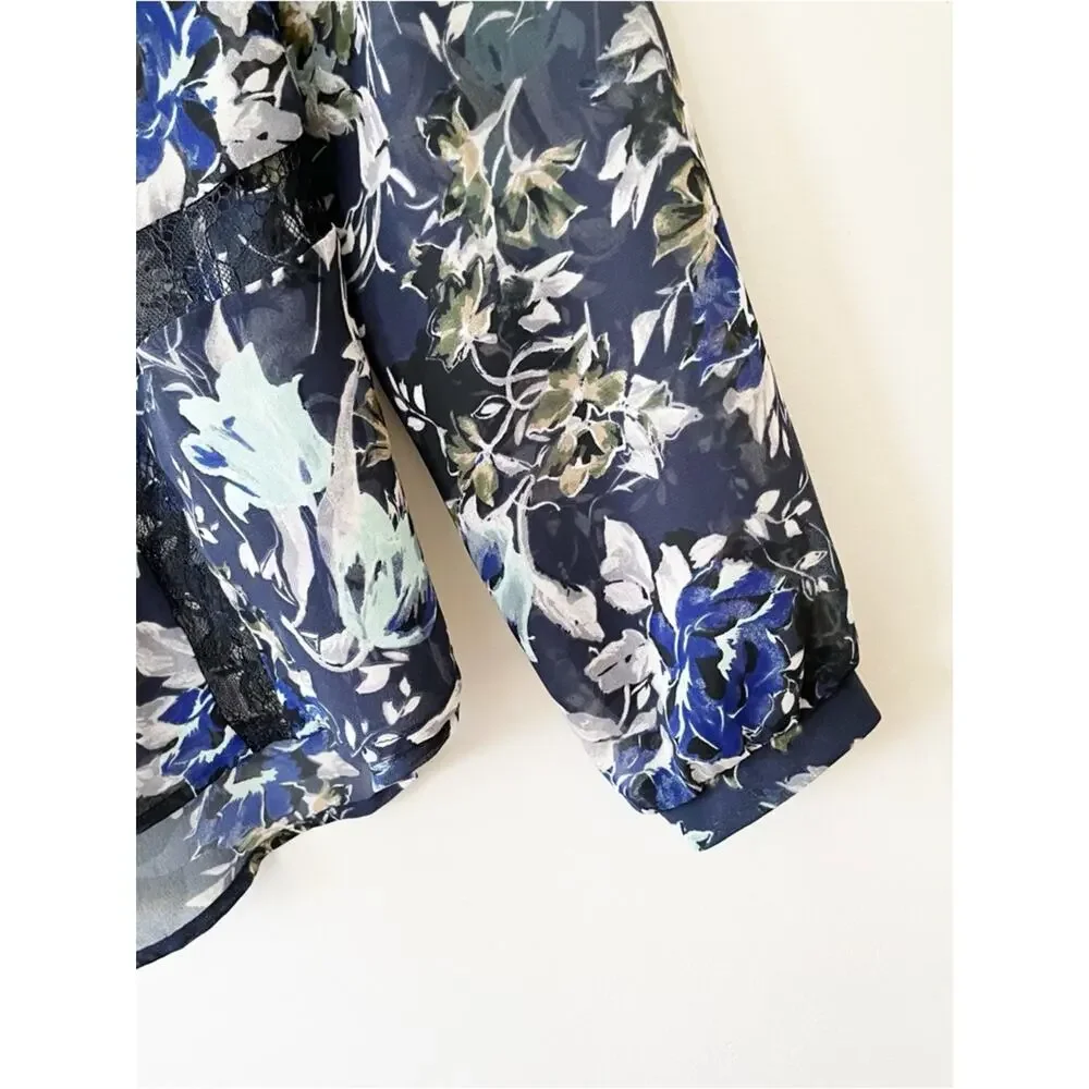 Astr Navy Floral Sheer Blouse with Lace Accents Size XS EUC